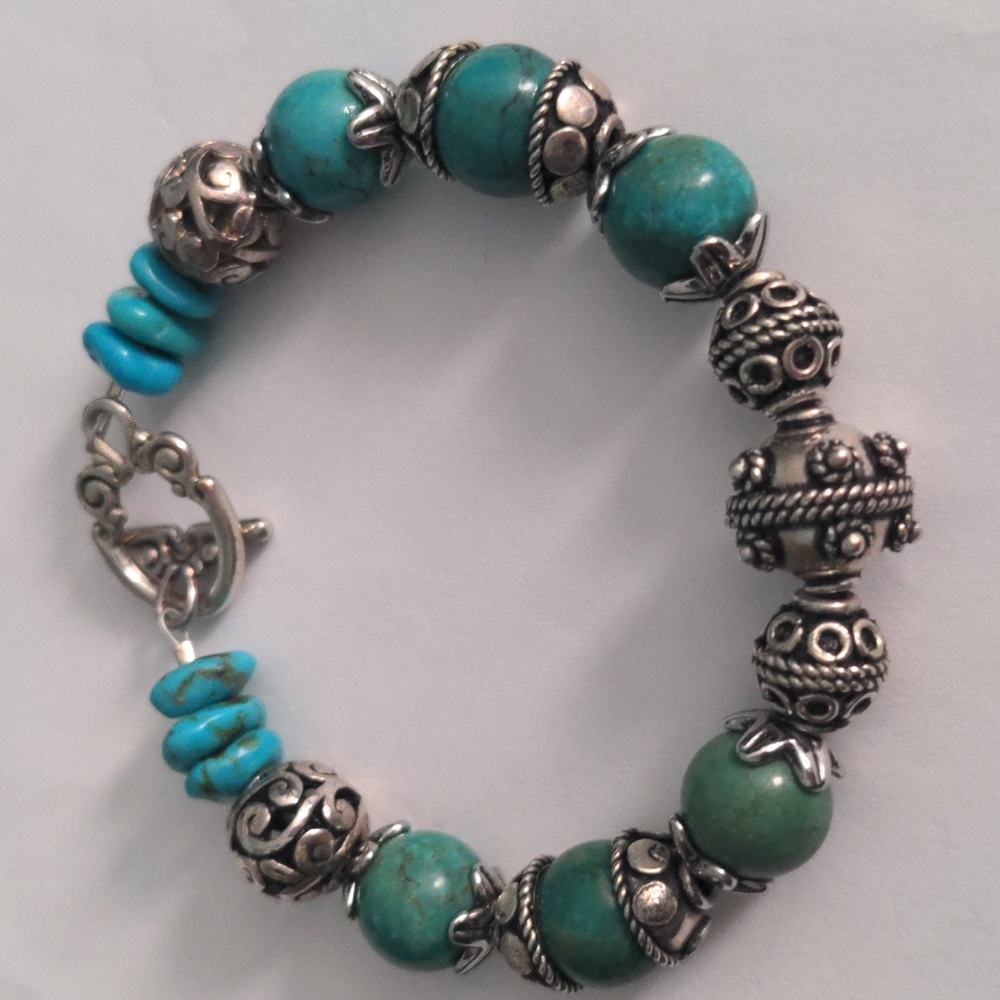 New Silver & Blue Turquoise Beaded Bracelet, Bali Inspired, 7 1/2" Long Genuine